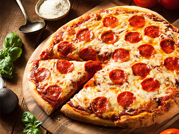 pizza on a wood board