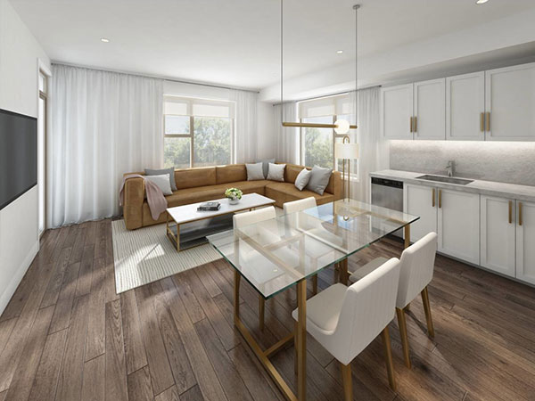 Edgewood suites showing kitchen, dining and living room