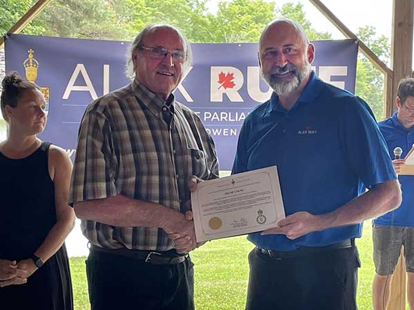 David Clarke receives award from MP Alex Ruff