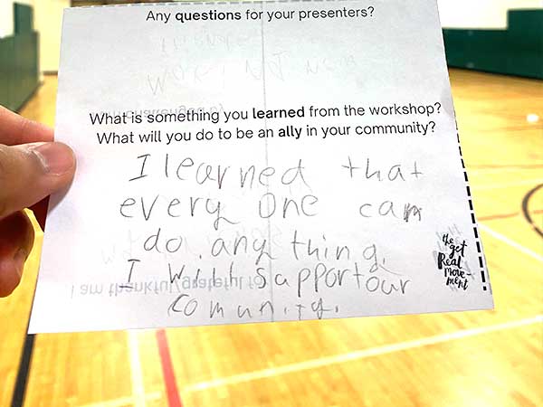 Note filled out by Get REAL student in attendance