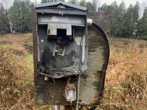 a burnt electrical box after lightning strike