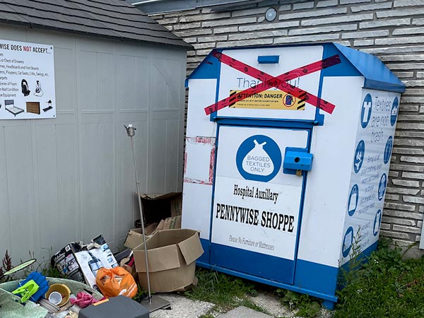 Pennywise donation bin taped shut