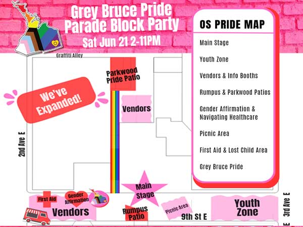 A map of locations, a full schedule of Grey Bruce Pride Parade Queer Futures Block Partyevents
